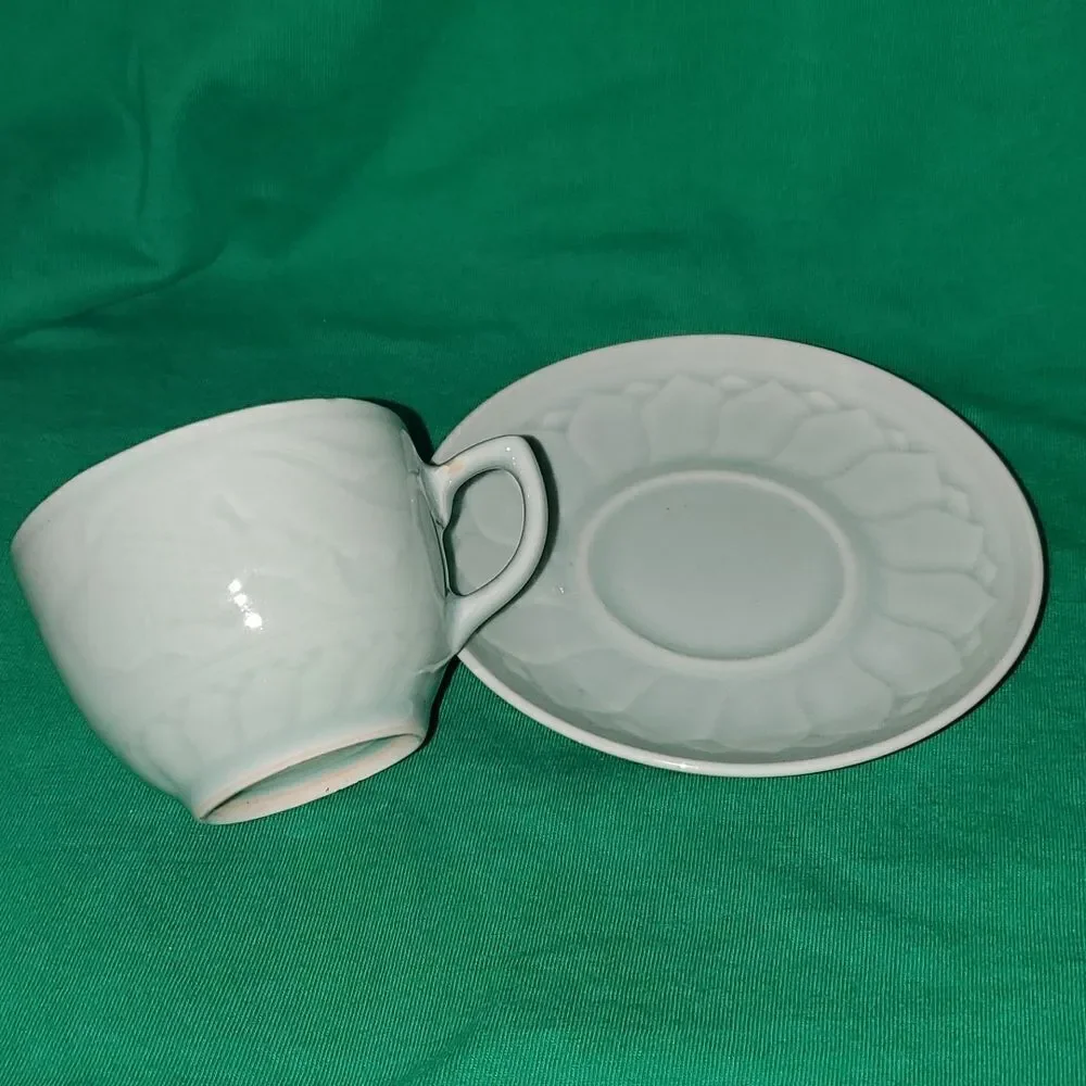 Vintage Longquan Celadon Koi Carp Fish Tea Cup Saucer 6 0z.